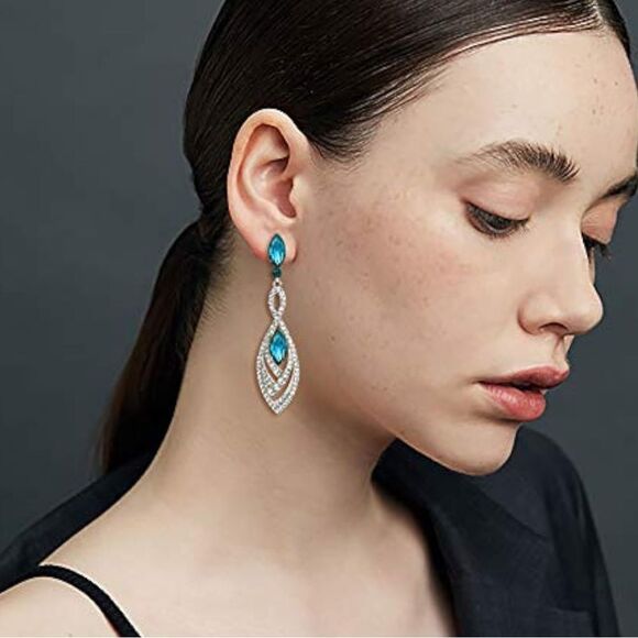 Silver with Blue Topaz and Diamond Austrian Crystal Twisted Chandelier Earrings - Picture 4 of 6